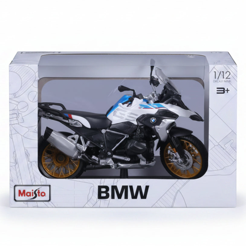 Maisto 1/12 scale diecast model of a BMW Adventure Tourer motorcycle, shown inside its original retail packaging box.