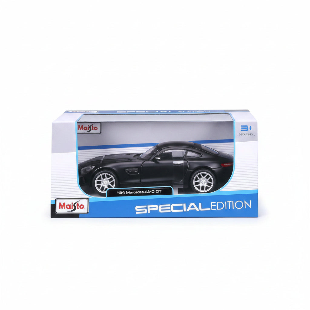 Black Mercedes-AMG GT model car in a Maisto Special Edition packaging